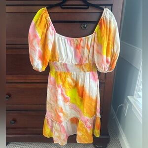 Pranella puff sleeve sunset watercolor dress size S